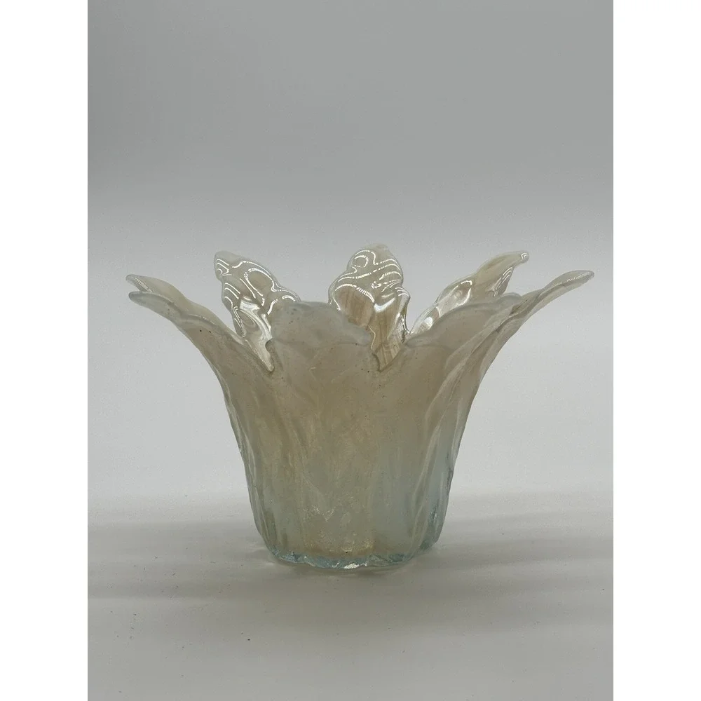 Handmade Iridescent Cream Glass Flower Bowl - Decorative Home Accent